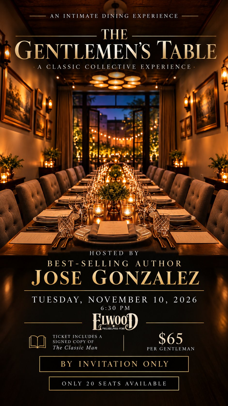 The Gentlemen's Table flyer — hosted by Jose Gonzalez at Elwood, Tuesday, November 10, 2026, $65 per gentleman